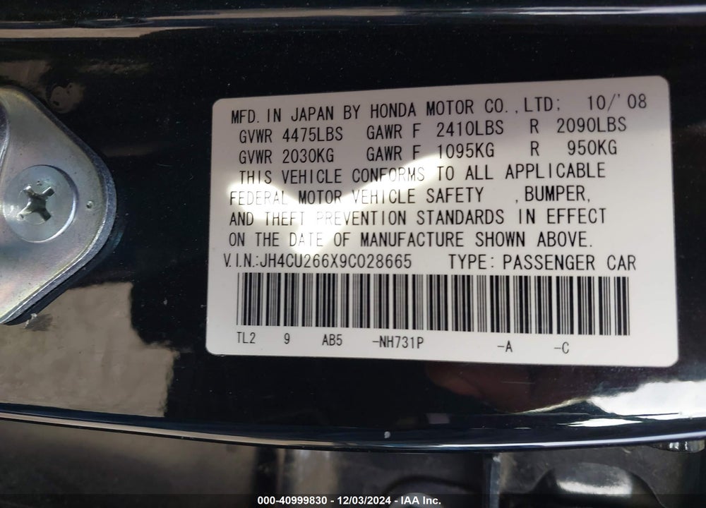 2009 ACURA TSX VIN: JH4CU266X9C028665