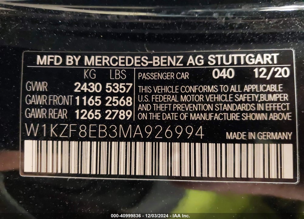 2021 MERCEDES-BENZ E VIN: W1KZF8EB3MA926994