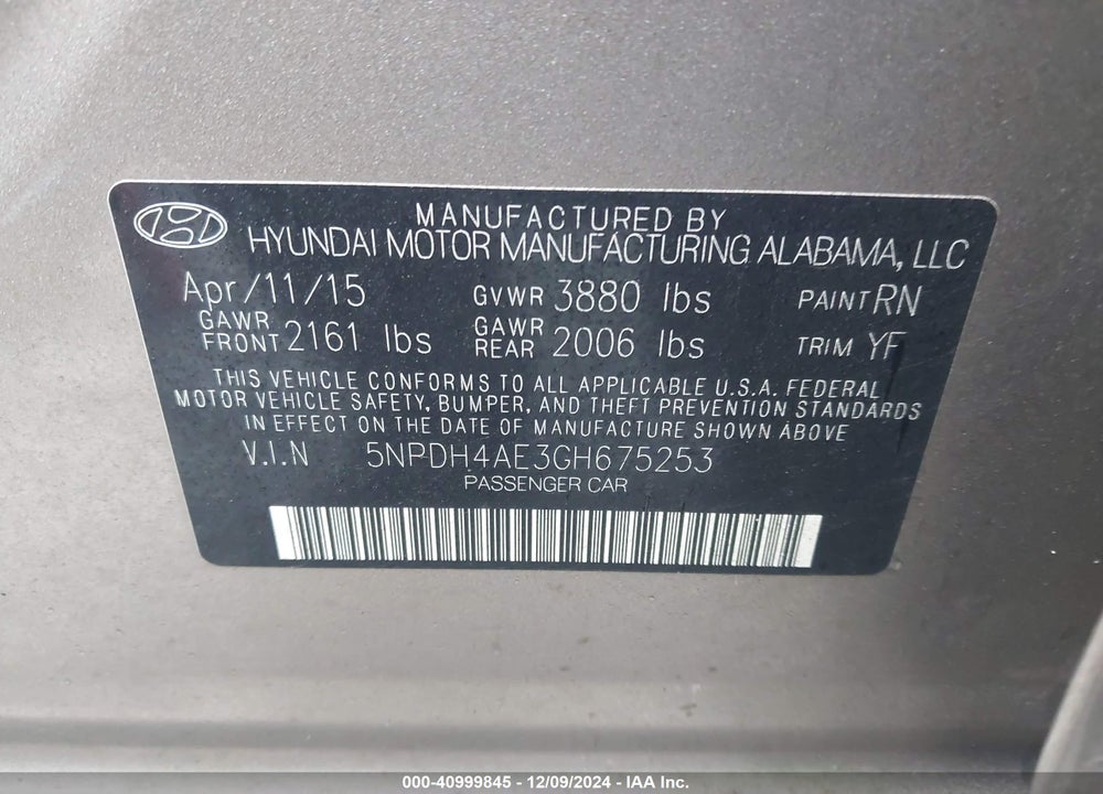 2016 HYUNDAI ELANTRA VALUE EDITION VIN: 5NPDH4AE3GH675253