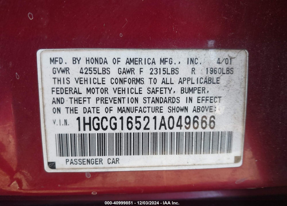 2001 HONDA ACCORD 3.0 EX VIN: 1HGCG16521A049666