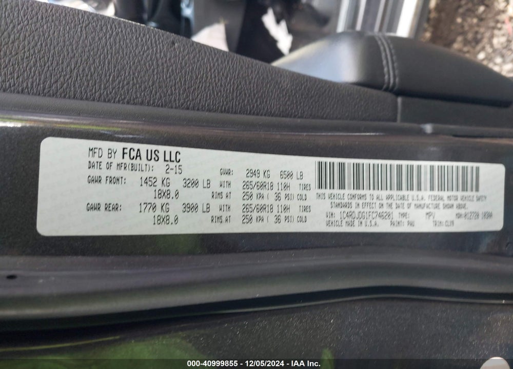 2015 DODGE DURANGO LIMITED VIN: 1C4RDJDG1FC746201