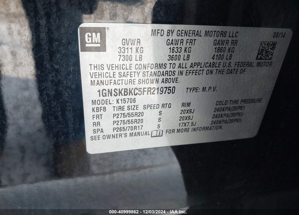 2015 CHEVROLET TAHOE LT VIN: 1GNSKBKC5FR219750