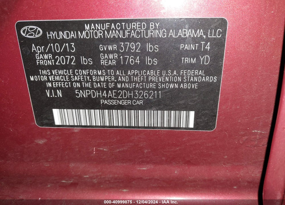 2013 HYUNDAI ELANTRA VIN: 5NPDH4AE2DH326211
