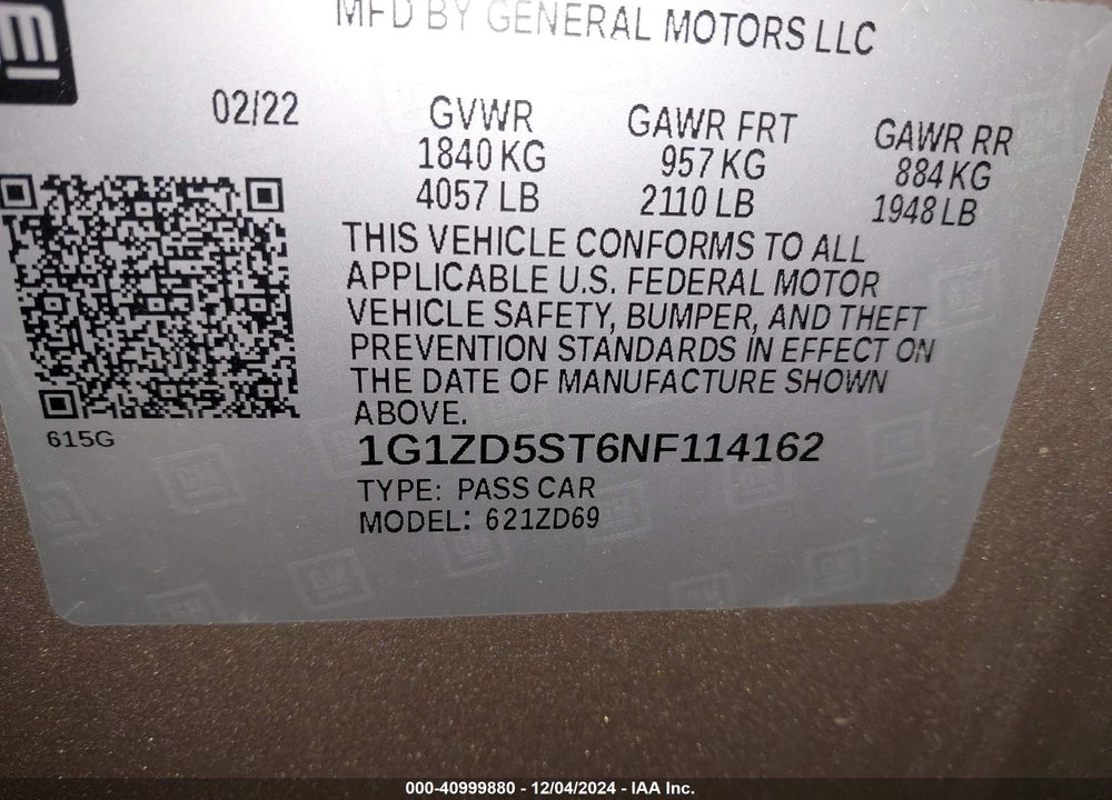 2022 CHEVROLET MALIBU FWD LT VIN: 1G1ZD5ST6NF114162