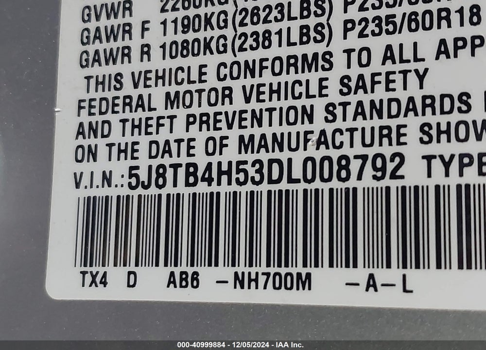 2013 ACURA RDX VIN: 5J8TB4H53DL008792