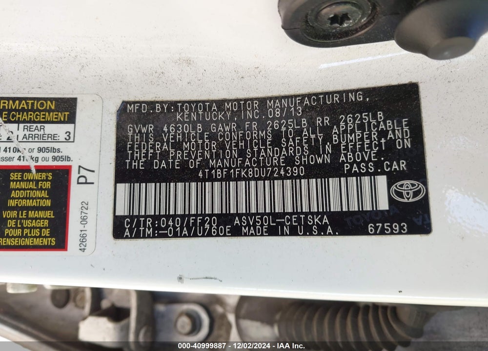 2013 TOYOTA CAMRY VIN: 4T1BF1FK8DU724390