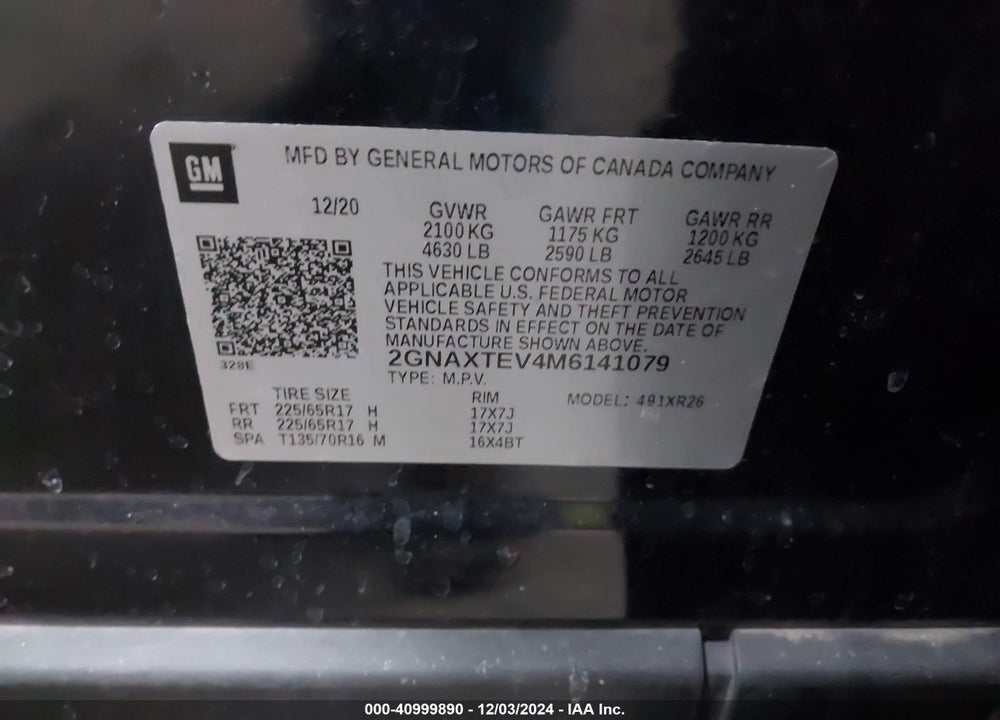 2021 CHEVROLET EQUINOX AWD 2FL VIN: 2GNAXTEV4M6141079