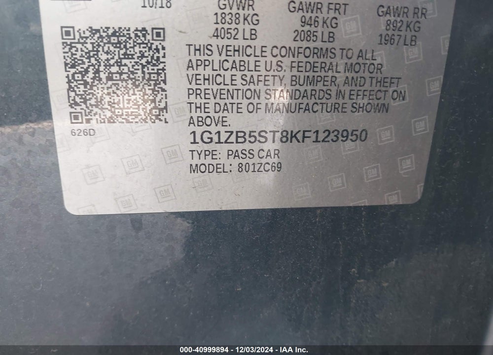 2019 CHEVROLET MALIBU VIN: 1G1ZB5ST8KF123950