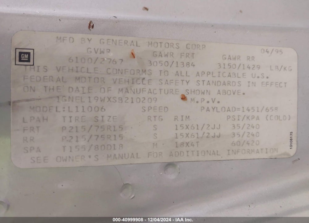1995 CHEVROLET ASTRO VIN: 1GNEL19WXSB210209