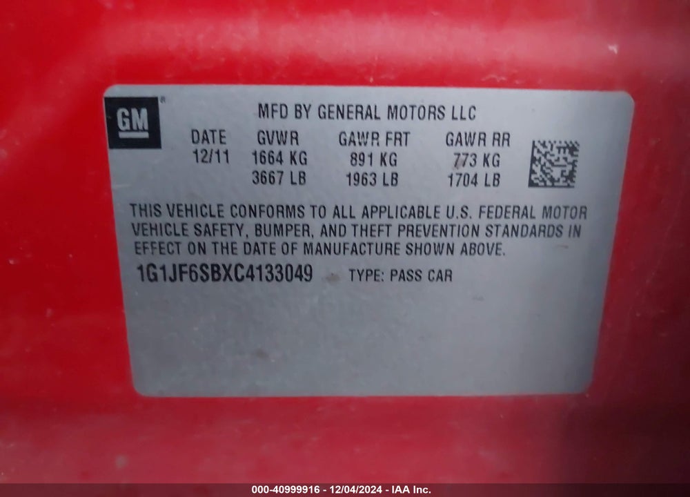 2012 CHEVROLET SONIC 1LZ VIN: 1G1JF6SBXC4133049