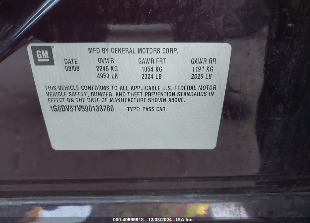 2009 CADILLAC CTS STANDARD VIN: 1G6DV57V590133760
