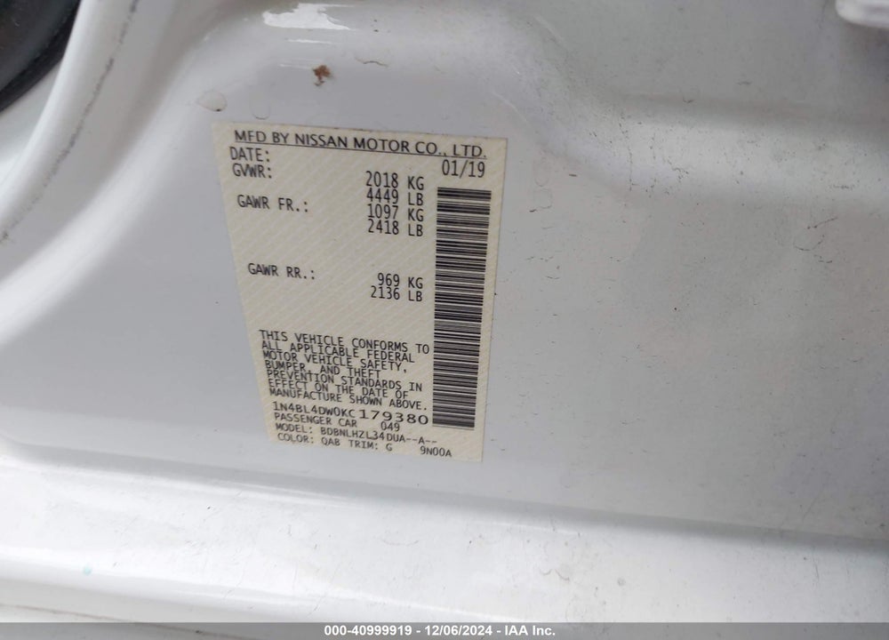 2019 NISSAN ALTIMA VIN: 1N4BL4DW0KC179380