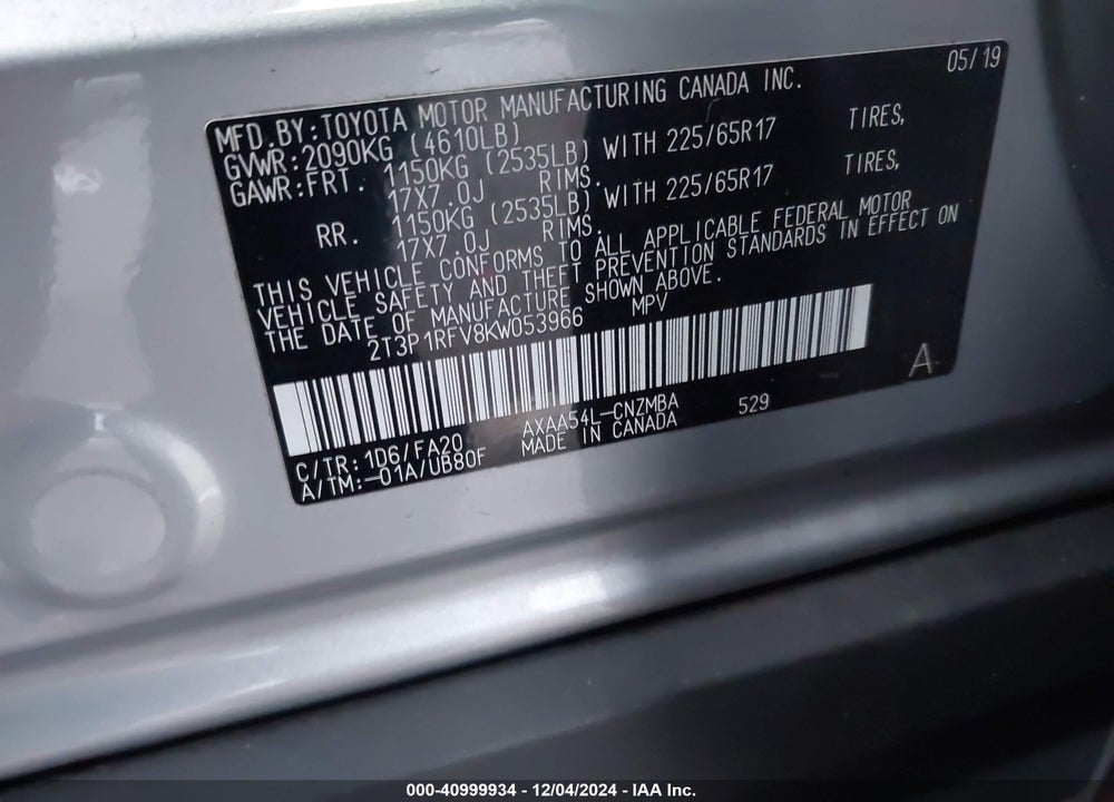 2019 TOYOTA RAV4 XLE VIN: 2T3P1RFV8KW053966