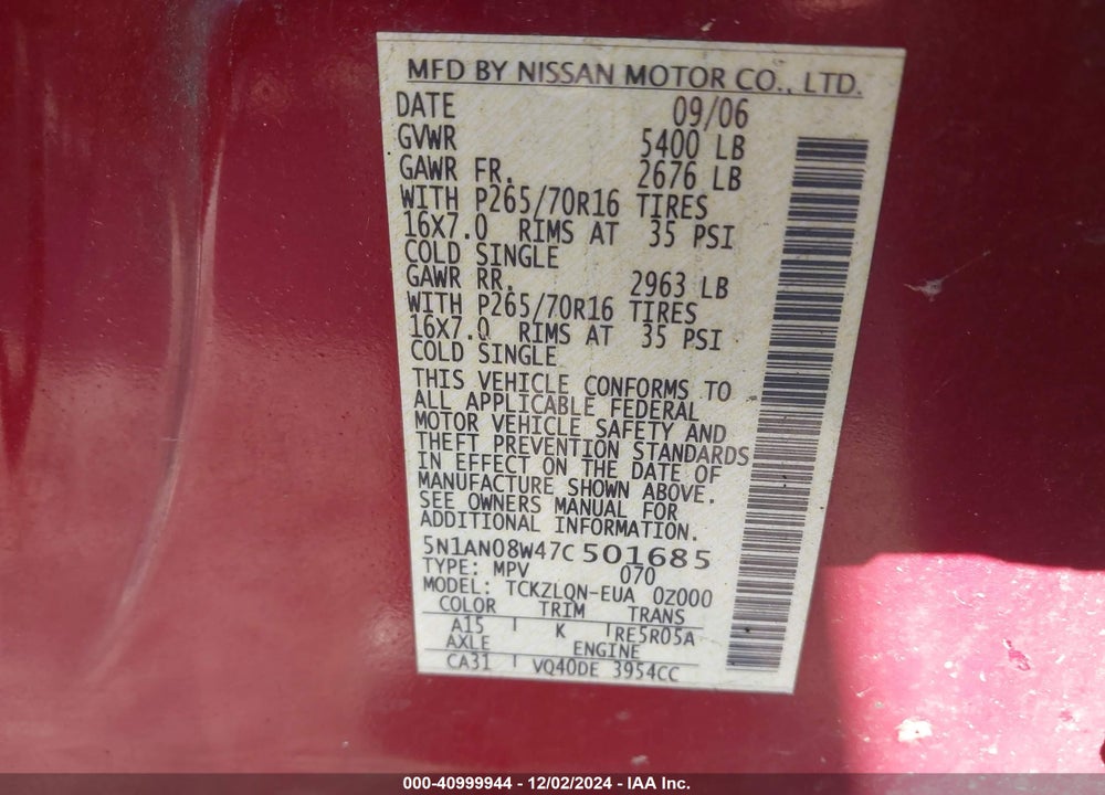 2007 NISSAN XTERRA X VIN: 5N1AN08W47C501685
