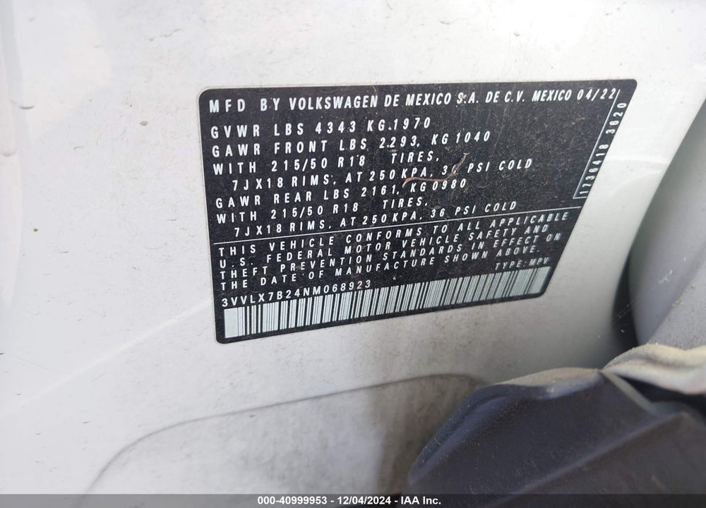 2022 VOLKSWAGEN TAOS 1.5T SE VIN: 3VVLX7B24NM068923