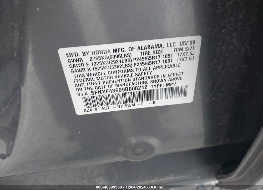 2009 HONDA PILOT EX-L VIN: 5FNYF48699B008212