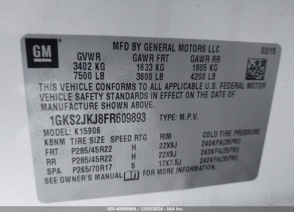 2015 GMC YUKON XL 1500 DENALI VIN: 1GKS2JKJ8FR609893