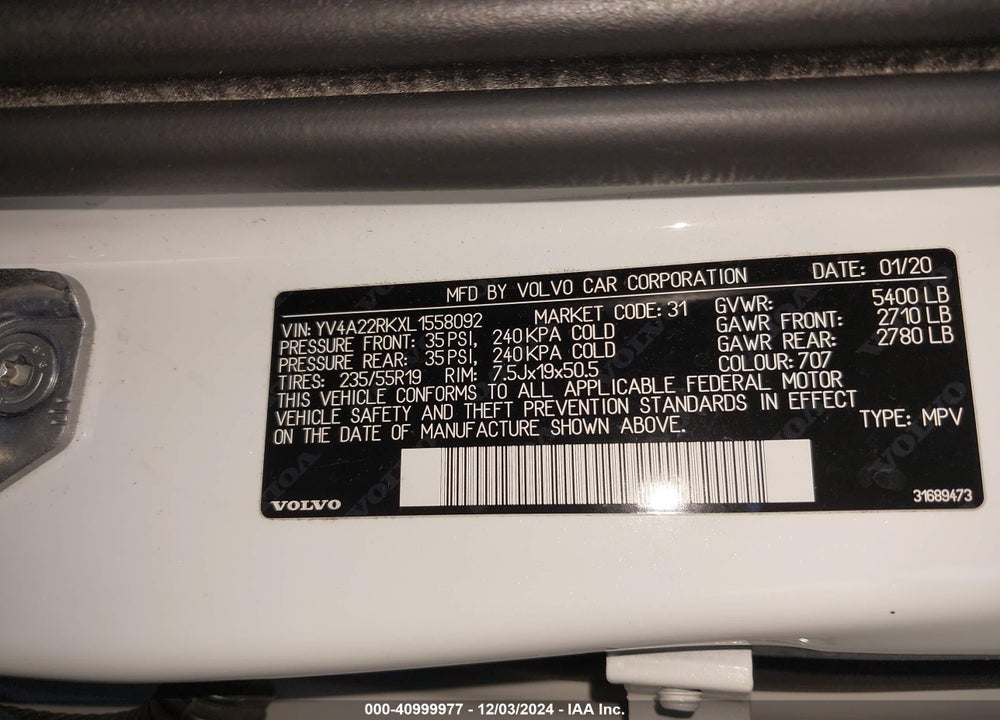 2020 VOLVO XC60 T6 MOMENTUM VIN: YV4A22RKXL1558092