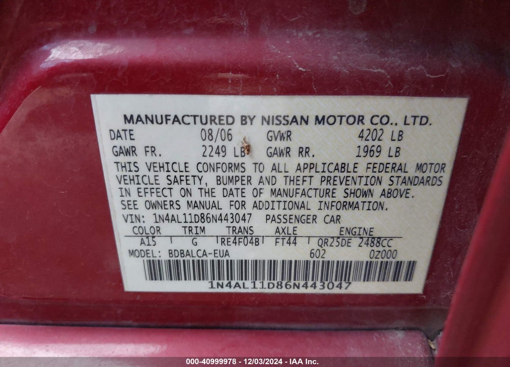 2006 NISSAN ALTIMA 2.5 S VIN: 1N4AL11D86N443047