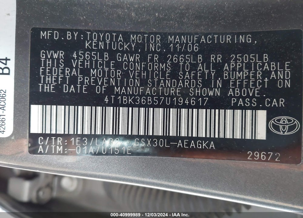 2007 TOYOTA AVALON XLS VIN: 4T1BK36B57U194617