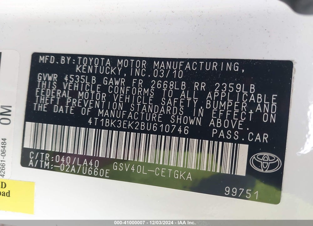 2011 TOYOTA CAMRY XLE V6 VIN: 4T1BK3EK2BU610746
