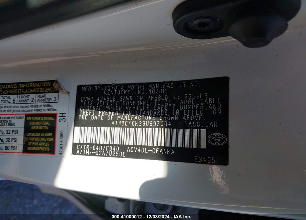 2009 TOYOTA CAMRY LE VIN: 4T1BE46K39U897004