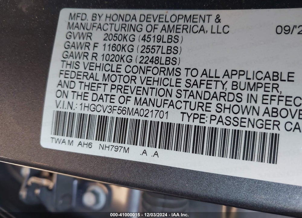 2021 HONDA ACCORD VIN: 1HGCV3F56MA021701
