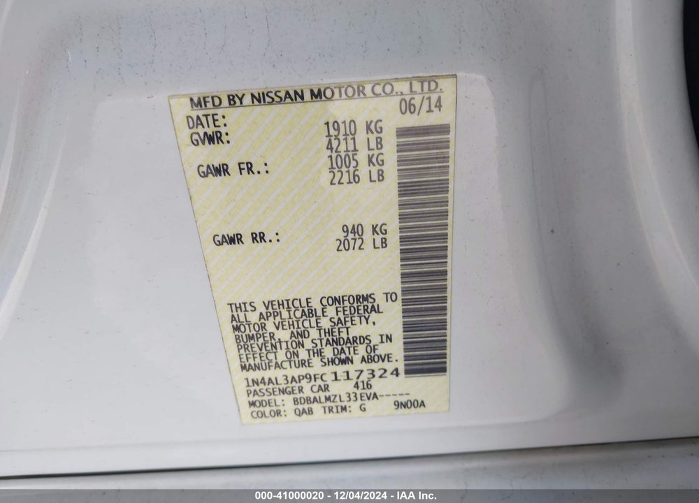 2015 NISSAN ALTIMA 2.5 SV VIN: 1N4AL3AP9FC117324