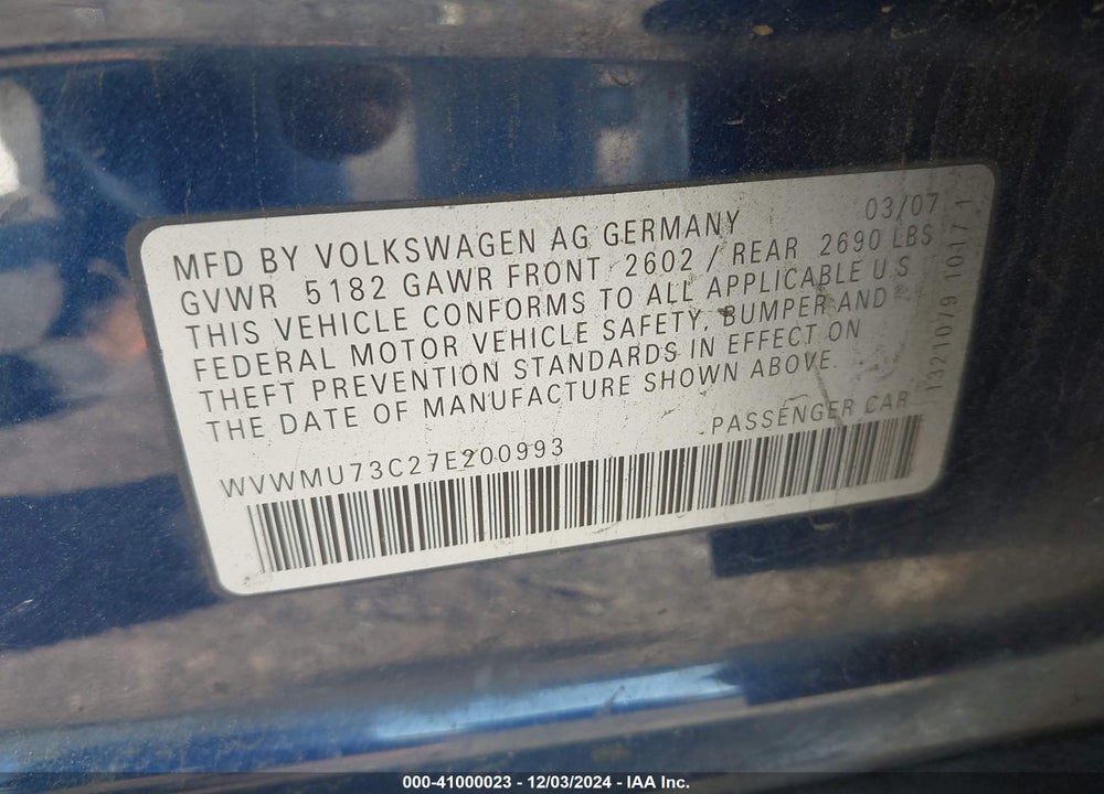 2007 VOLKSWAGEN PASSAT 3.6 VIN: WVWMU73C27E200993
