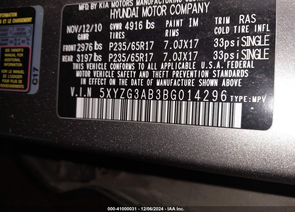 2011 HYUNDAI SANTA FE GLS VIN: 5XYZG3AB3BG014296