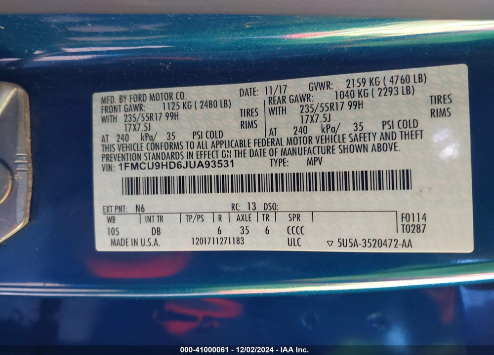 2018 FORD ESCAPE SEL VIN: 1FMCU9HD6JUA93531