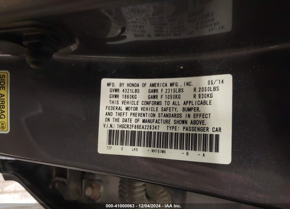 2014 HONDA ACCORD EX-L VIN: 1HGCR2F86EA226347