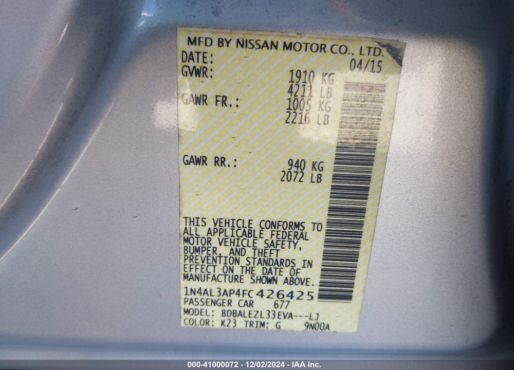 2015 NISSAN ALTIMA 2.5 S VIN: 1N4AL3AP4FC426425