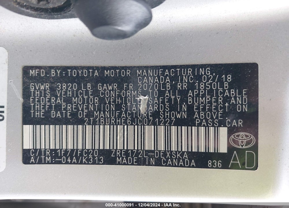 2018 TOYOTA COROLLA SE VIN: 2T1BURHE6JC071227
