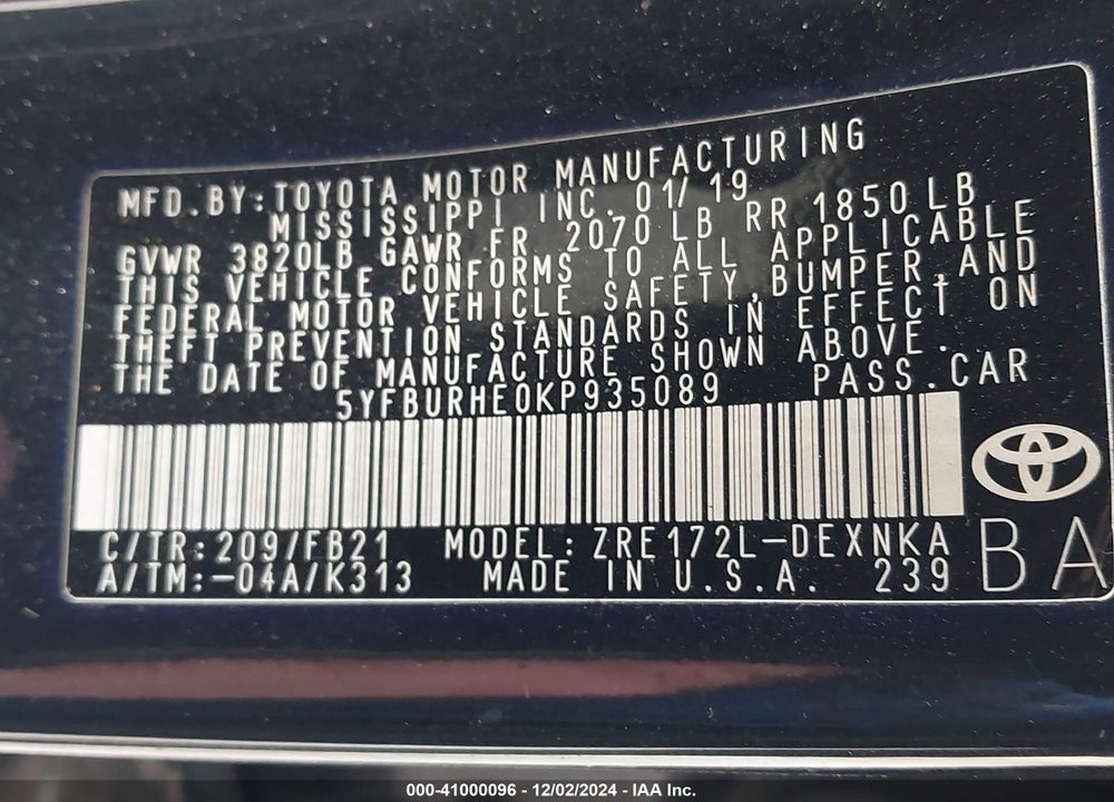 2019 TOYOTA COROLLA LE VIN: 5YFBURHE0KP935089
