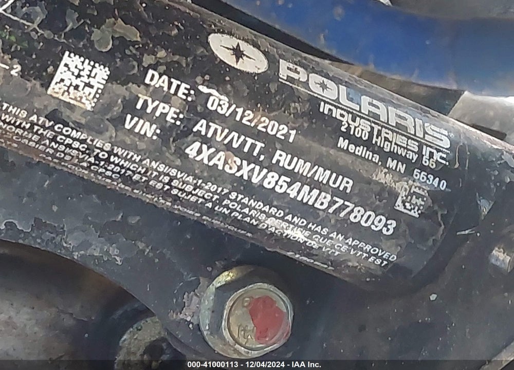 2021 POLARIS SPORTSMAN 850 TRAIL VIN: 4XASXV854MB778093