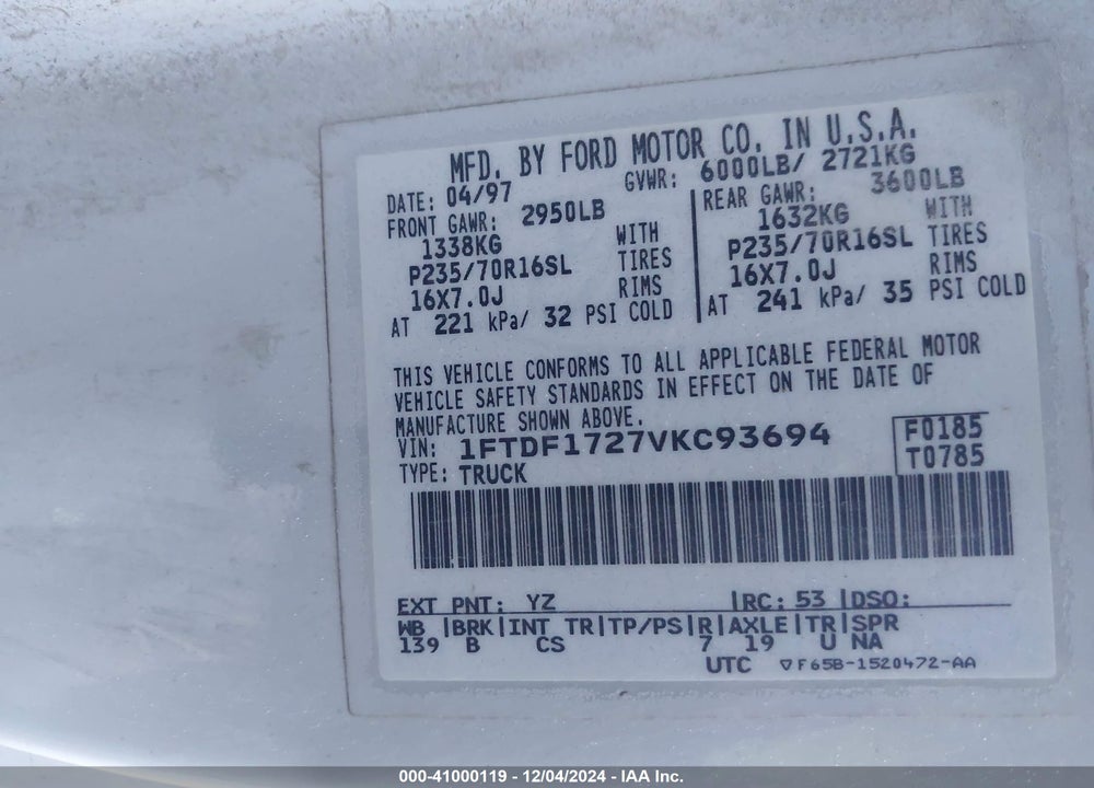 1997 FORD F-150 STANDARD/XL/XLT VIN: 1FTDF1727VKC93694