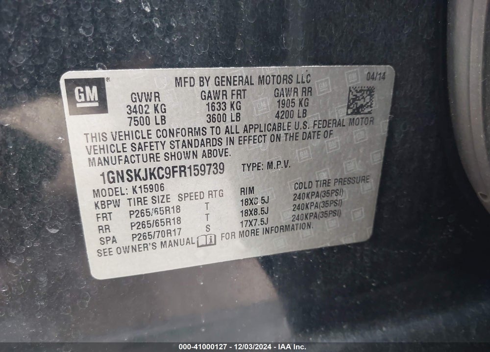 2015 CHEVROLET SUBURBAN 1500 LT VIN: 1GNSKJKC9FR159739
