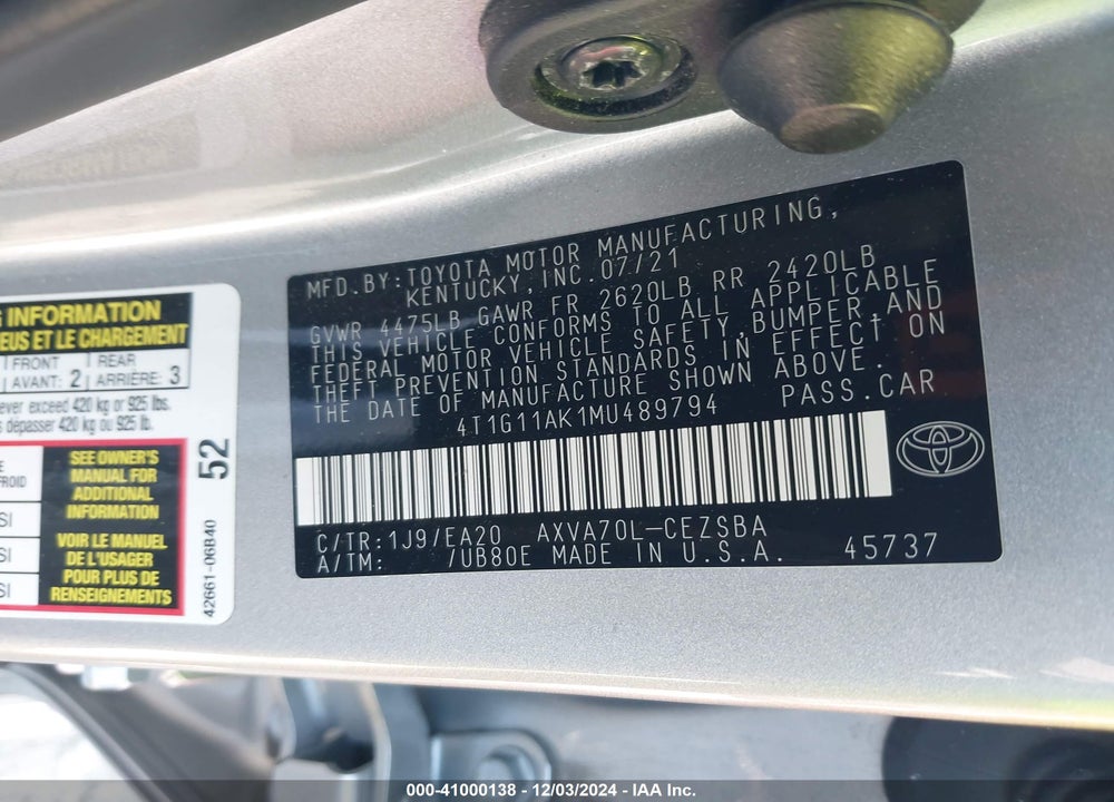 2021 TOYOTA CAMRY VIN: 4T1G11AK1MU489794