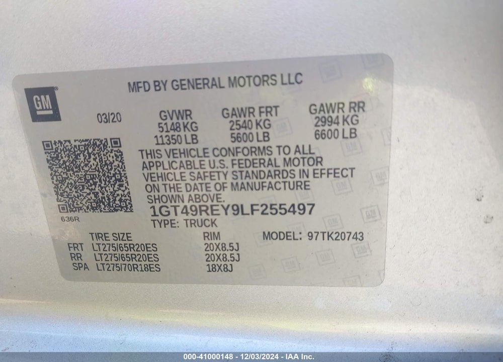 2020 GMC SIERRA 2500HD VIN: 1GT49REY9LF255497