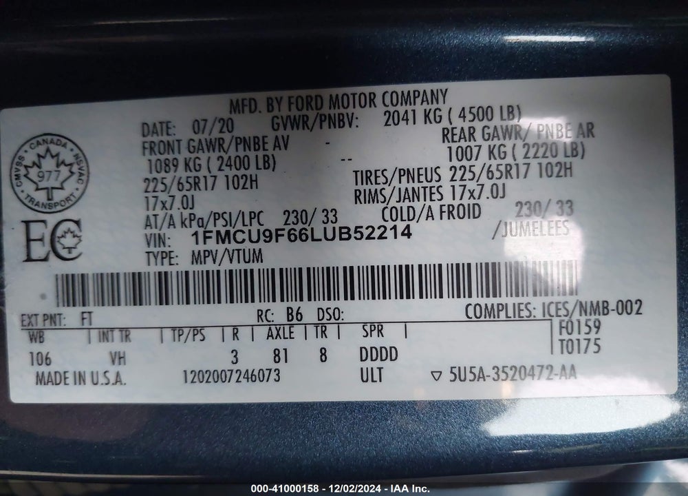 2020 FORD ESCAPE S VIN: 1FMCU9F66LUB52214
