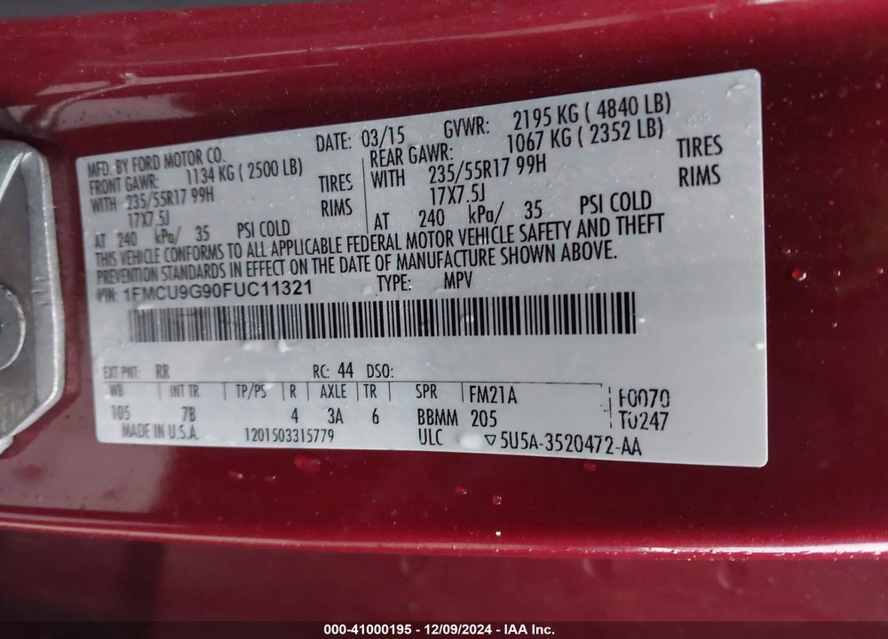 2015 FORD ESCAPE SE VIN: 1FMCU9G90FUC11321