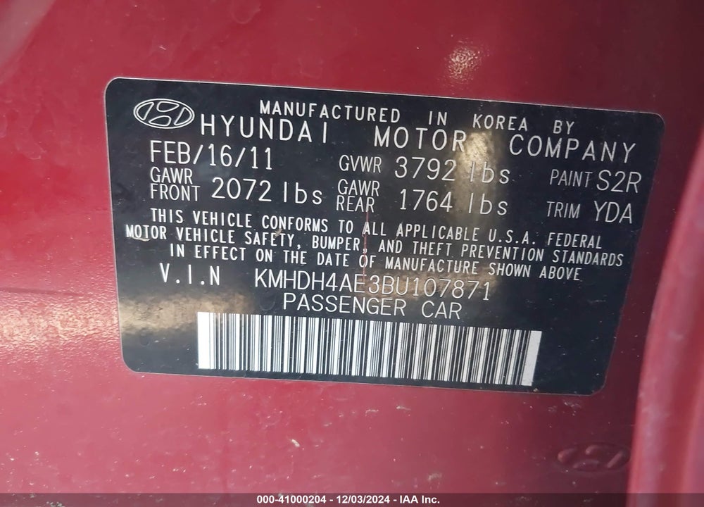 2011 HYUNDAI ELANTRA VIN: KMHDH4AE3BU107871