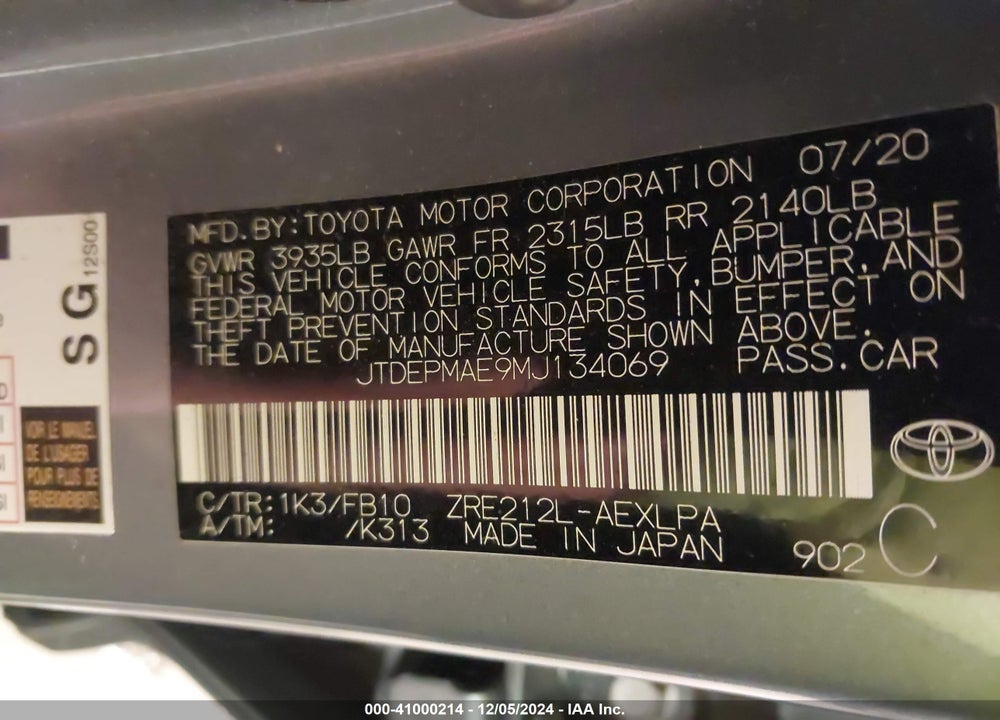 2021 TOYOTA COROLLA LE VIN: JTDEPMAE9MJ134069