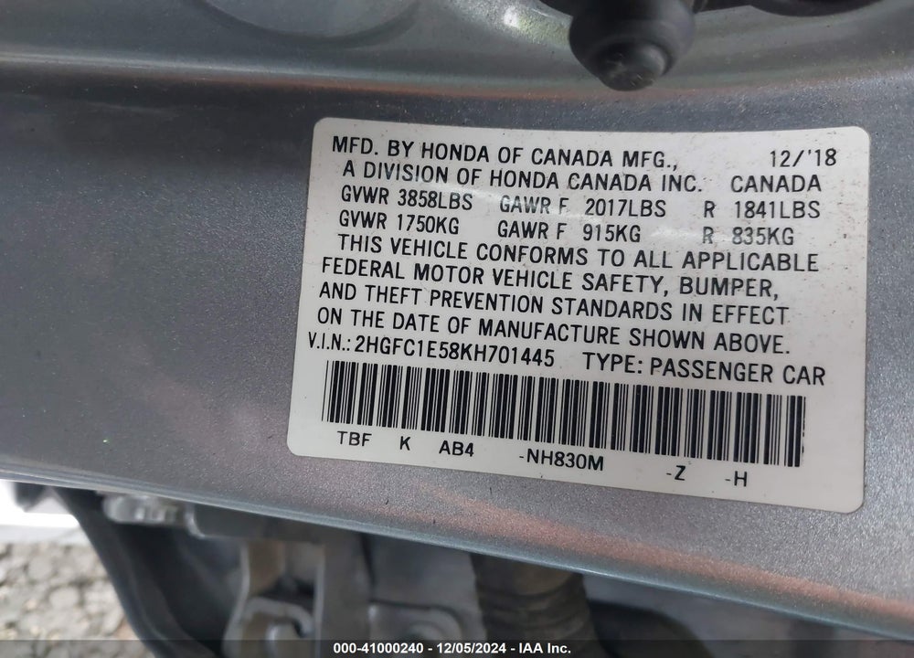2019 HONDA CIVIC SI VIN: 2HGFC1E58KH701445