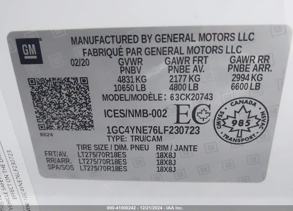 2020 CHEVROLET SILVERADO 2500HD 4WD  LONG BED LT/4WD  STANDARD BED LT VIN: 1GC4YNE76LF230723