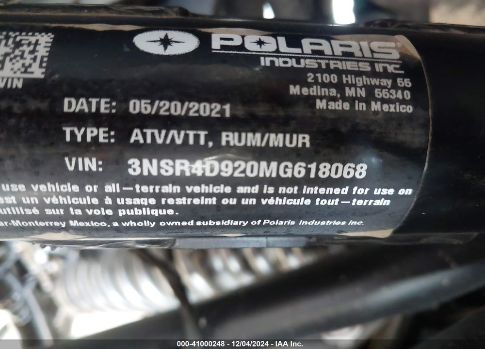 2021 POLARIS RZR PRO XP 4 ULTIMATE VIN: 3NSR4D920MG618068