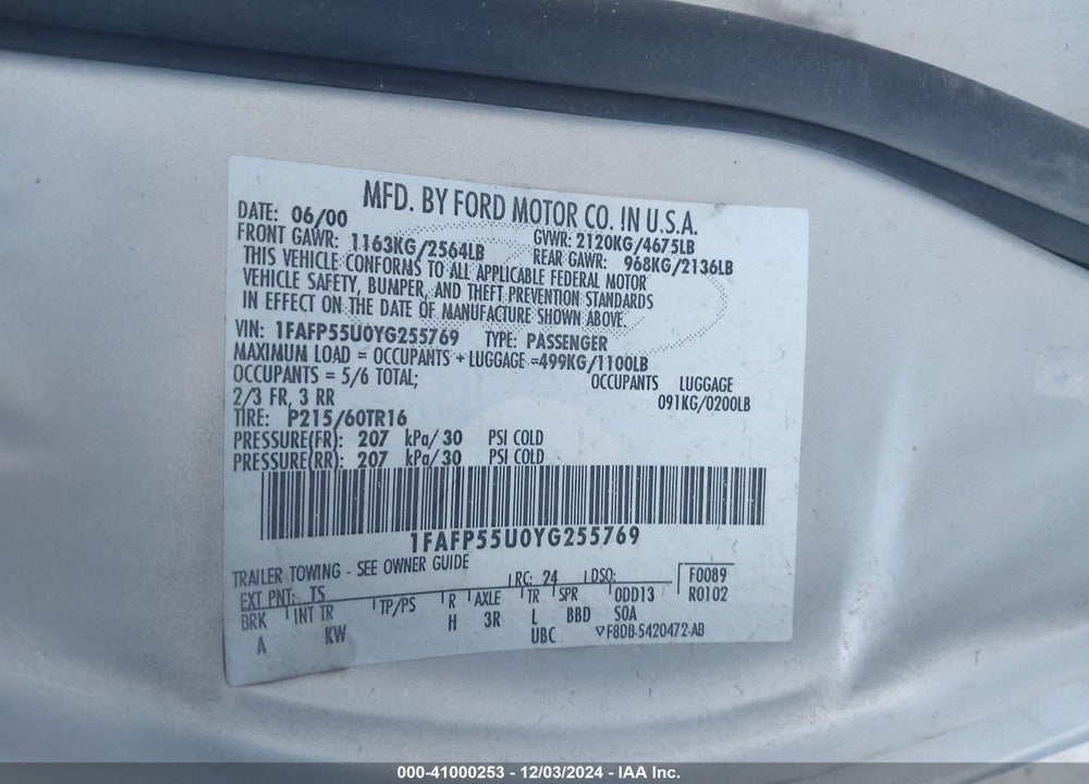 2000 FORD TAURUS SES VIN: 1FAFP55U0YG255769