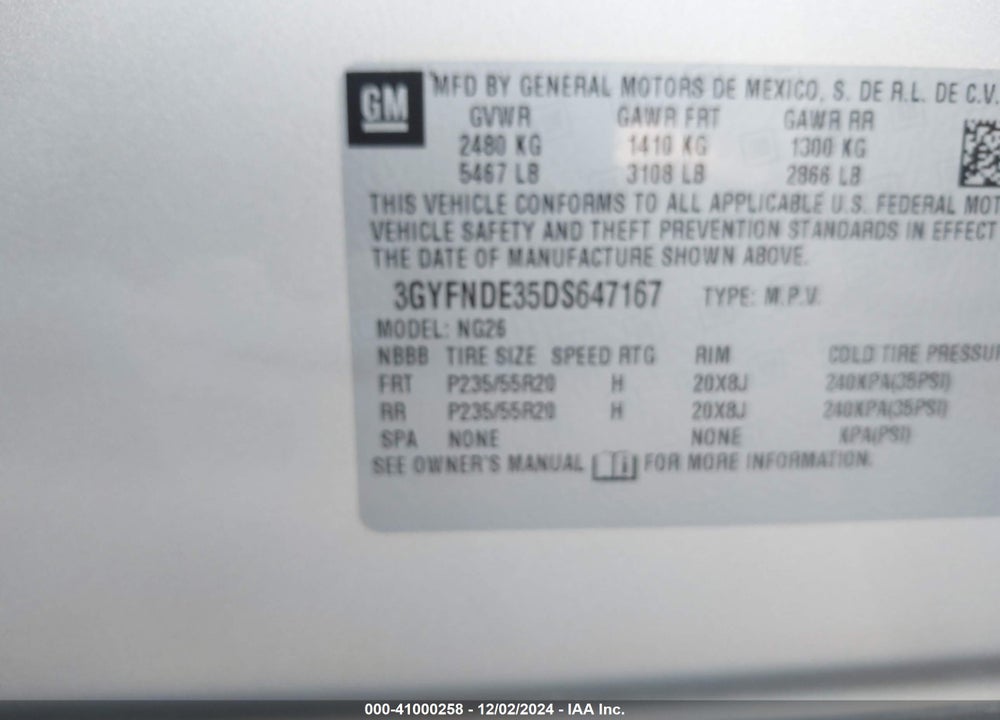 2013 CADILLAC SRX PERFORMANCE COLLECTION VIN: 3GYFNDE35DS647167