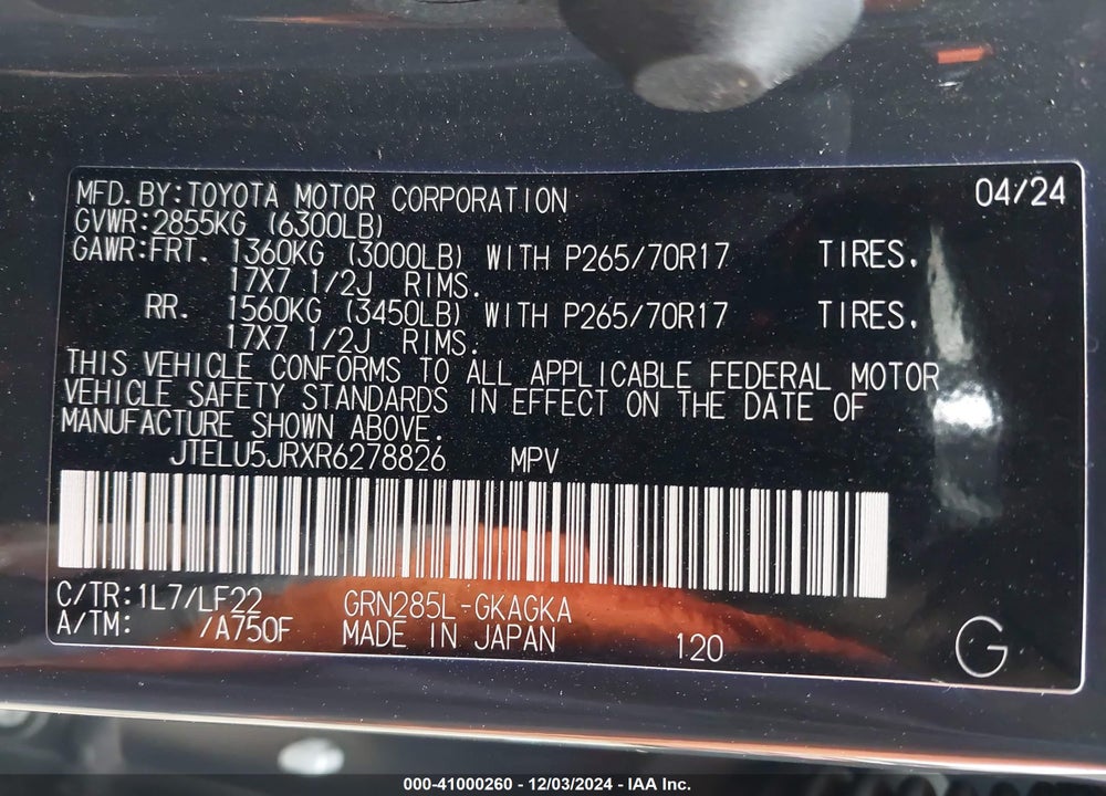 2024 TOYOTA 4RUNNER VIN: JTELU5JRXR6278826